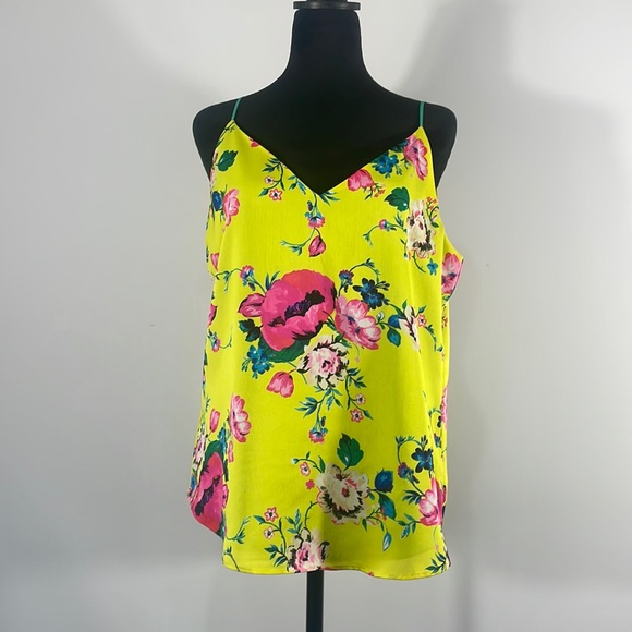 Express Tops - Express Neon Yellow Floral Print Cami,Top, reversible top, Green,Medium